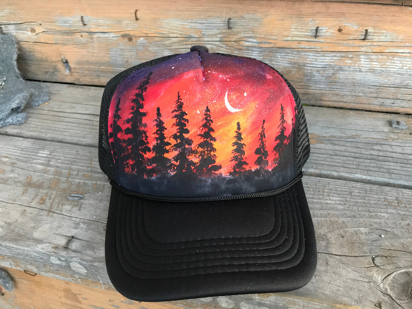 Red sunset custom painted trucker hat