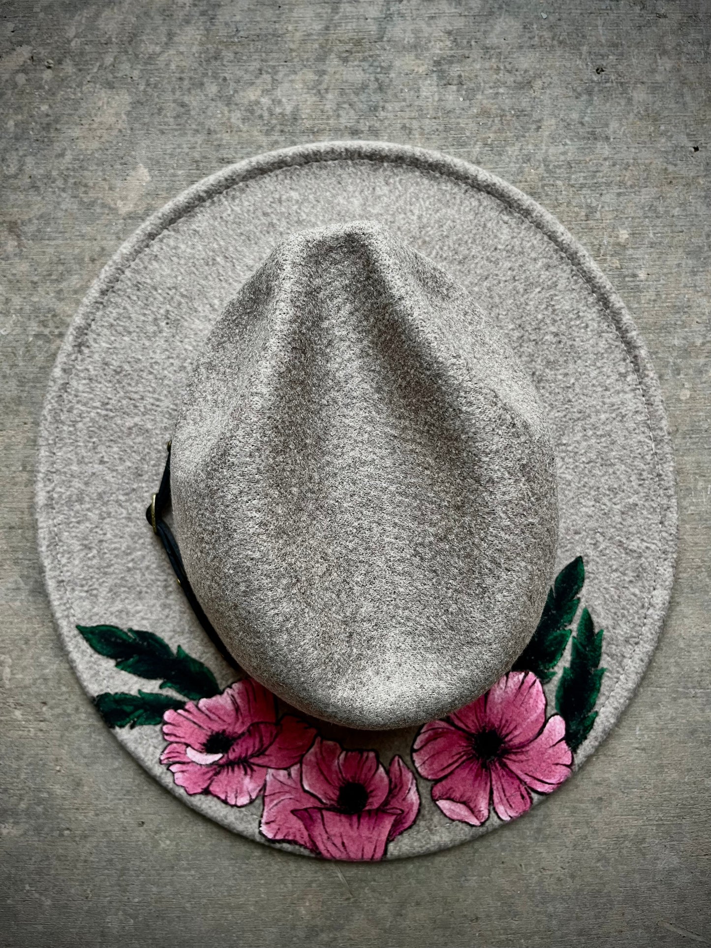 Pink floral grey felt wide brim rancher hat