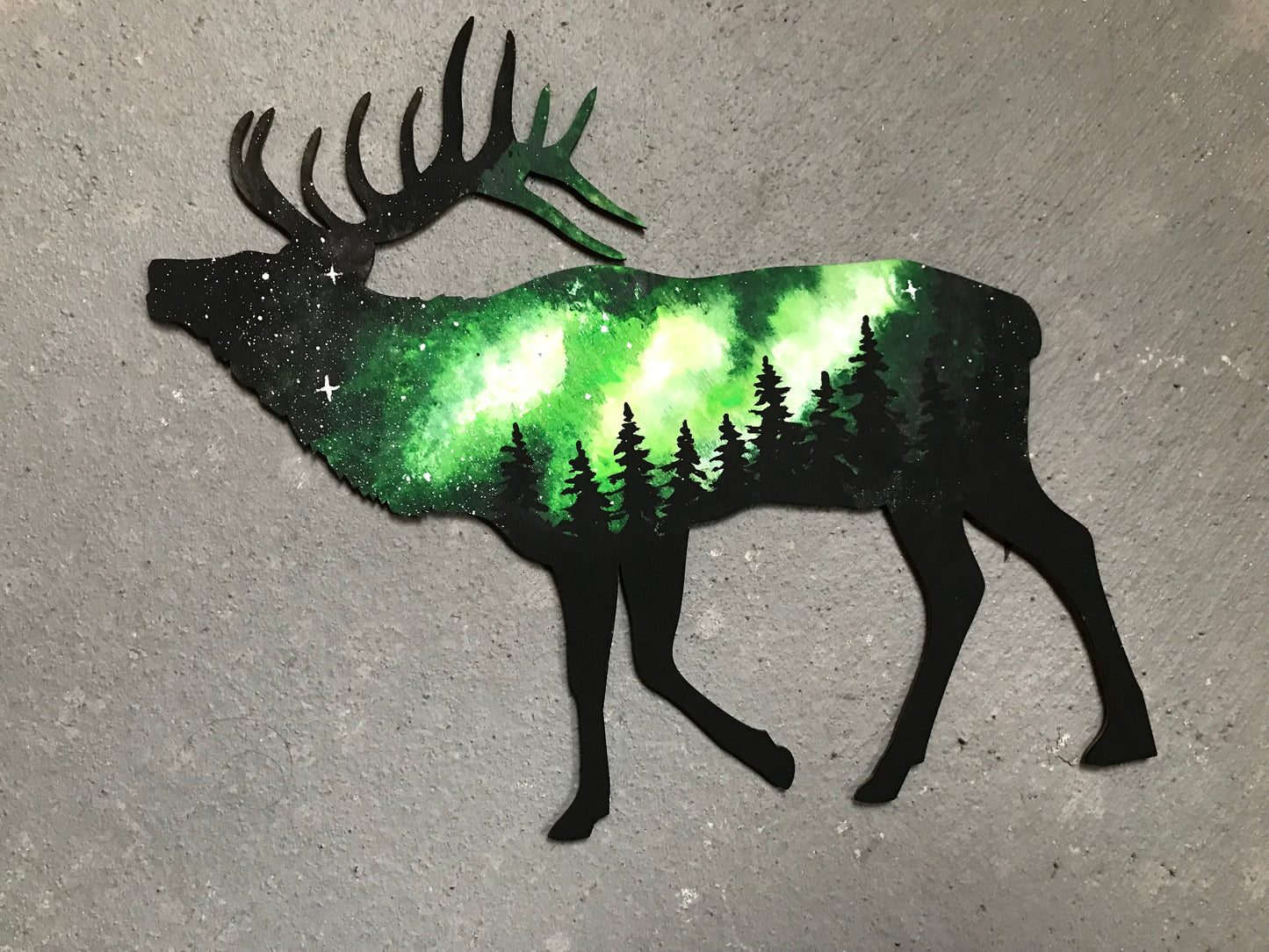 Elk galaxy green wood cutout painting