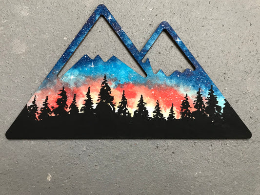 Colorful mountain peaks wood cutout painting