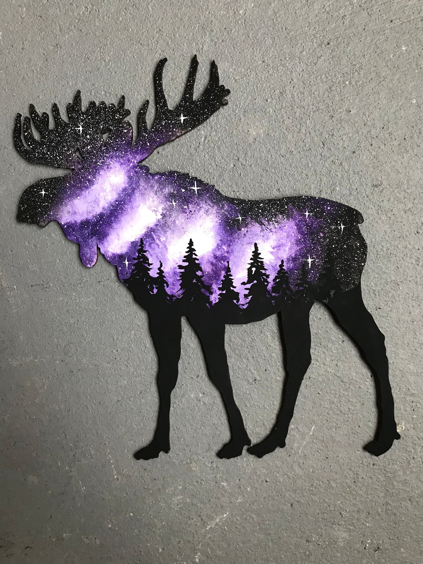 Purple moose wood cutout painting