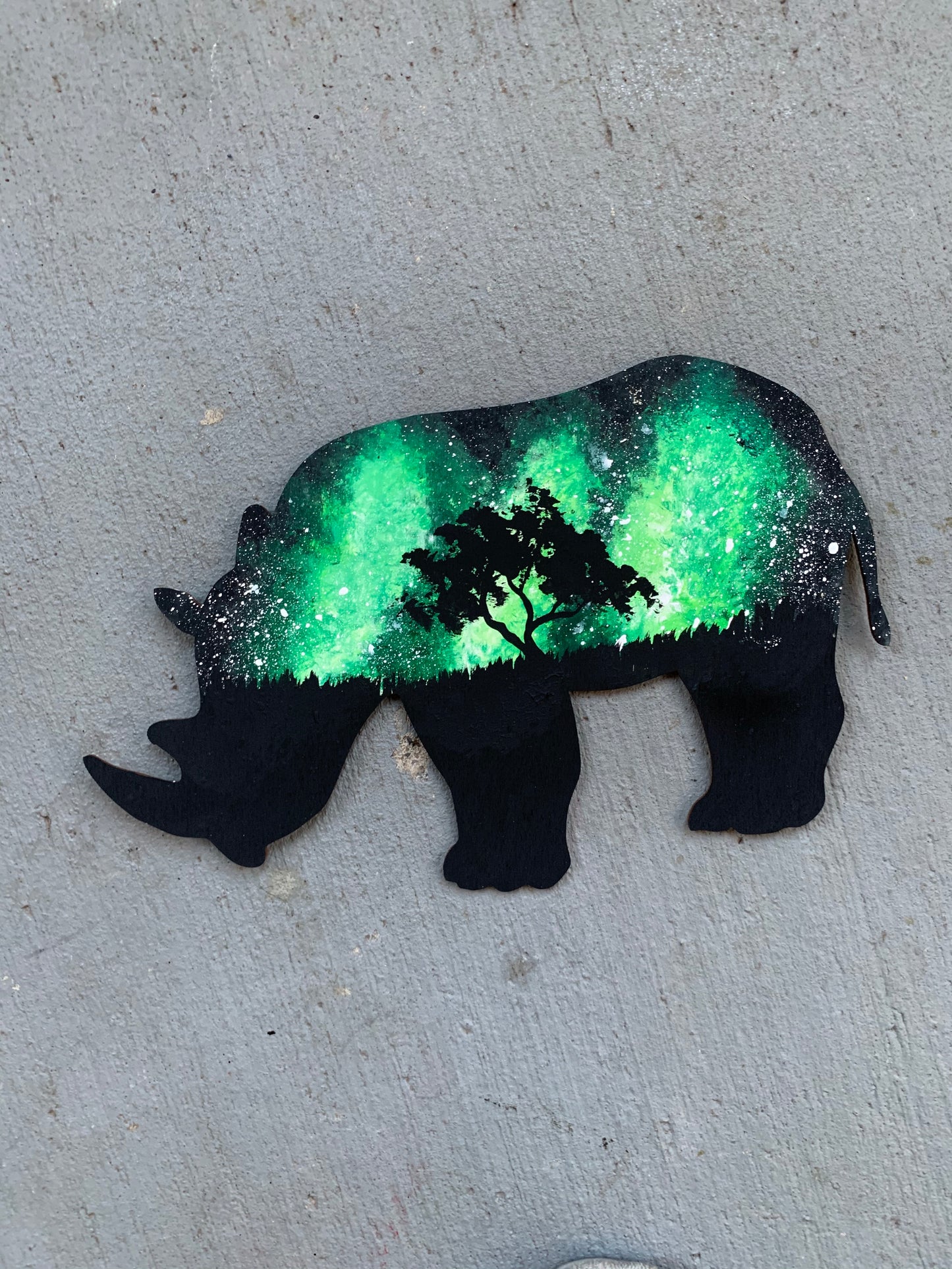 Rhino green galaxy wood cutout painting