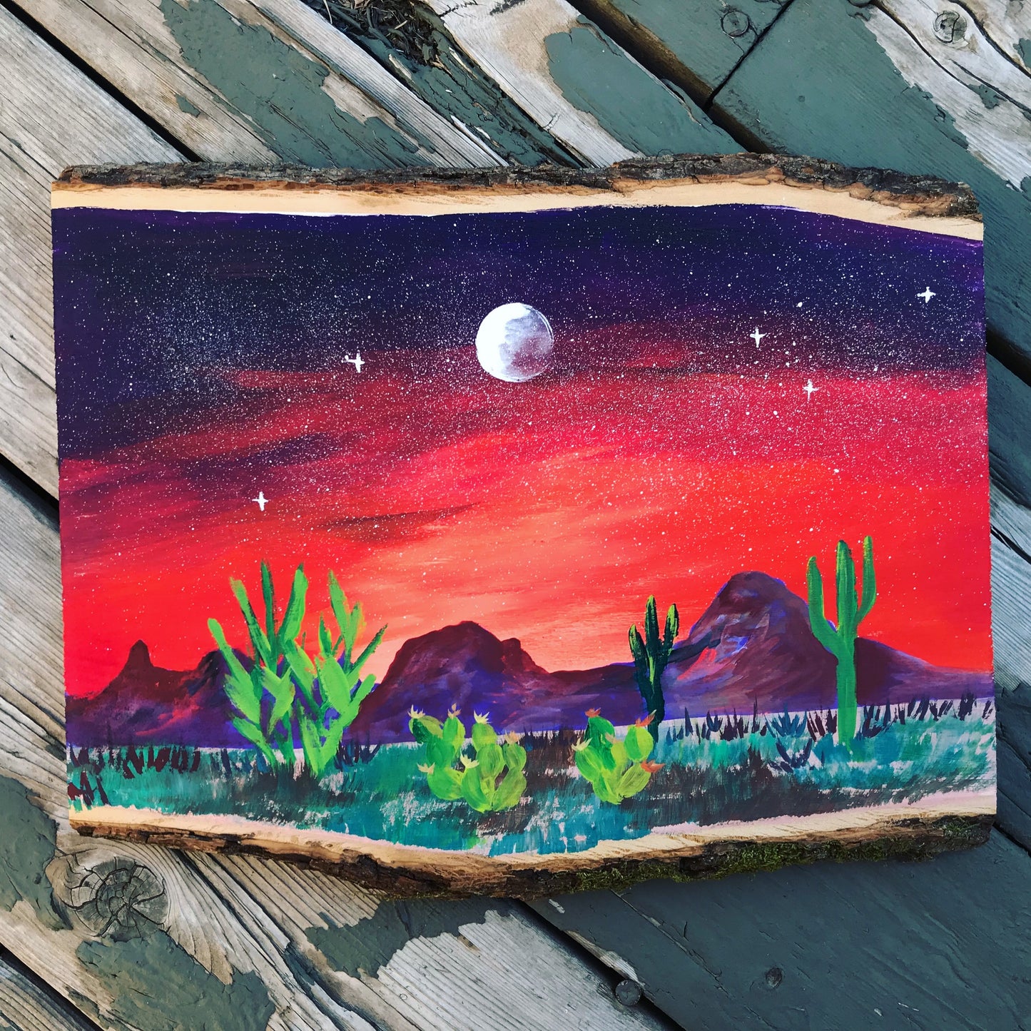 Red desert sunset painting on live edge wood