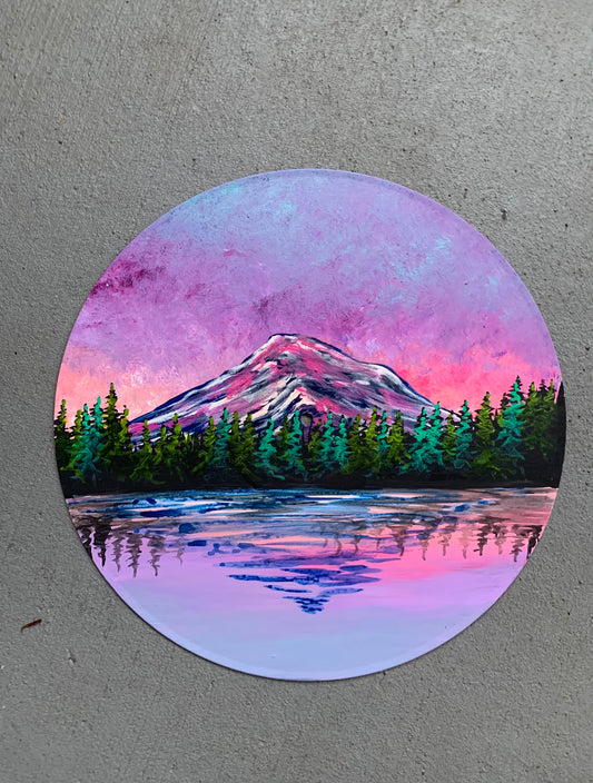Sunrise mountain reflection wood painting