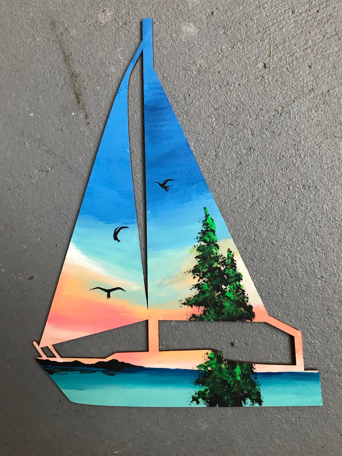 Sailboat sunrise wood cutout painting