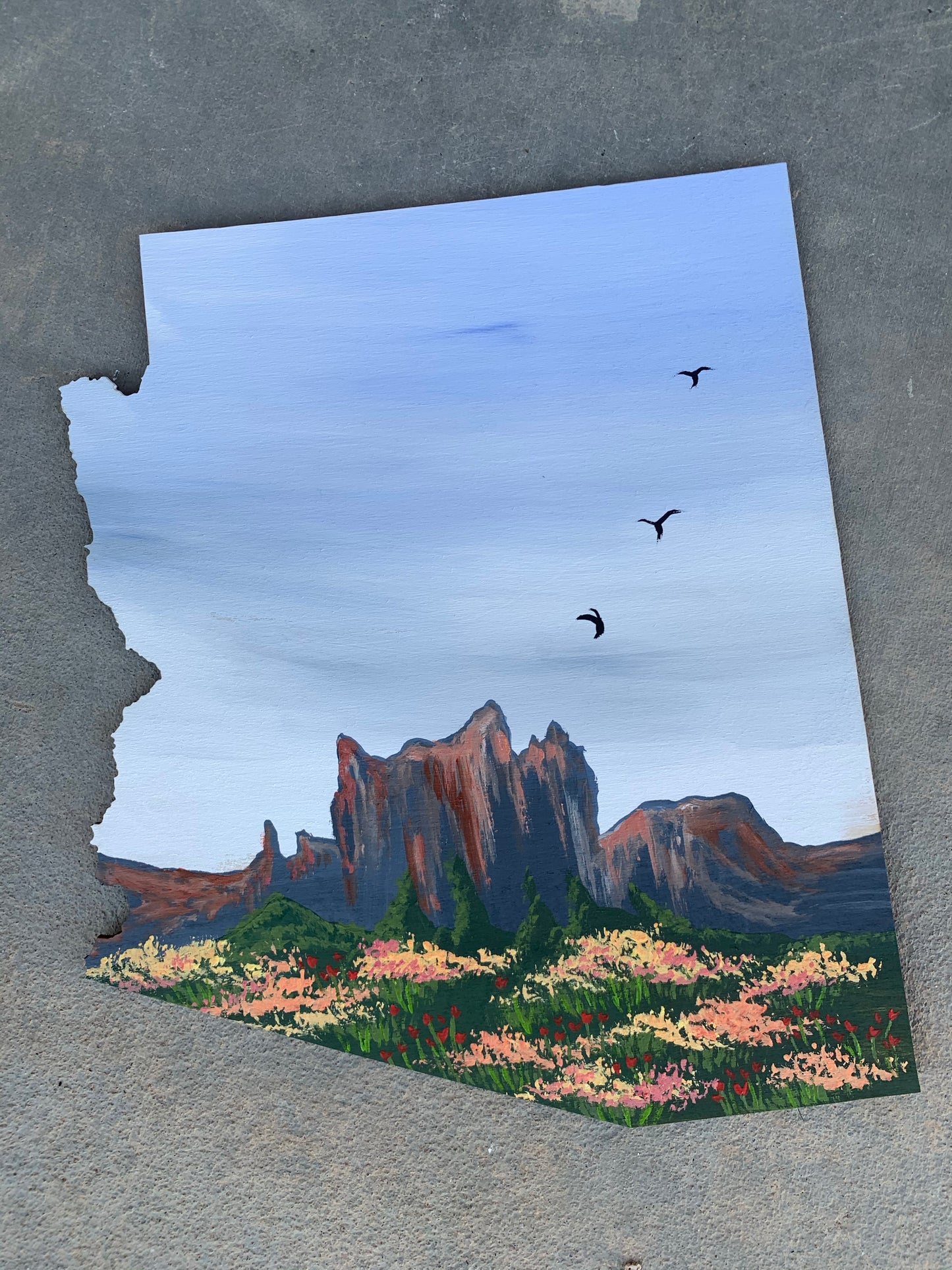 Arizona superstition mountains pastel wood cutout painting