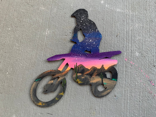 Desert motor dirt bike wood cutout painting