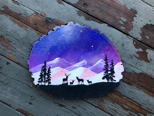 Deer family wood round painting