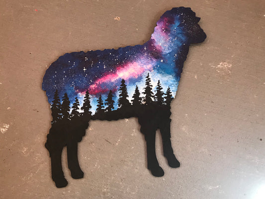 Sheep wood cutout painting galaxy lamb