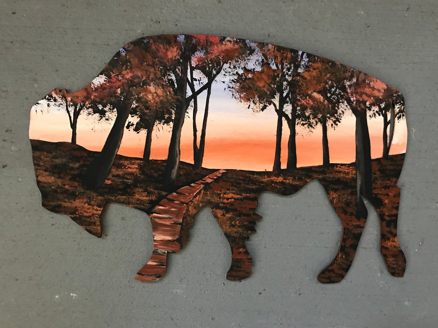 Buffalo bison autumn trees wood cutout painting