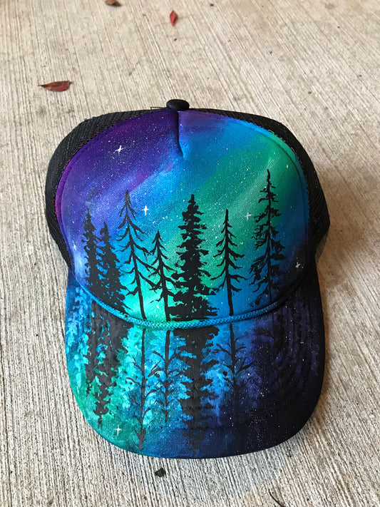 Galaxy forest trucker hat handpainted SnapBack