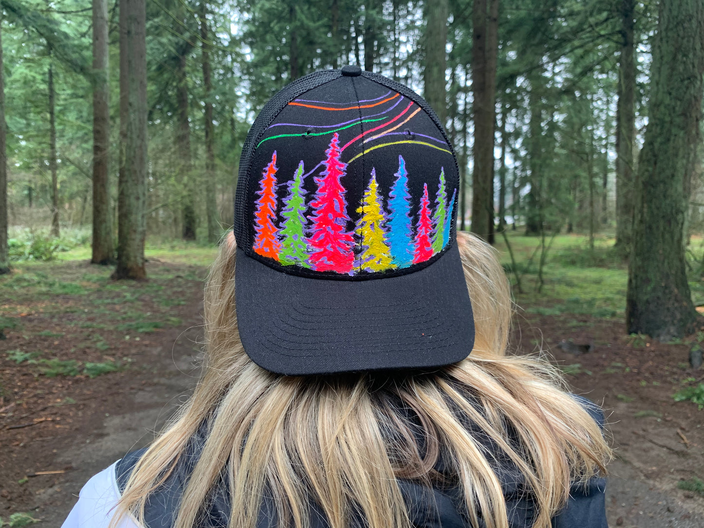 Colorful candy trees painted trucker hat custom SnapBack