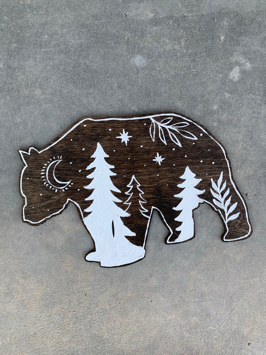 Minimal bear forest stained wood cutout wall hanging painting