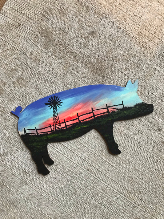 Pig sunrise windmill wood cutout painting