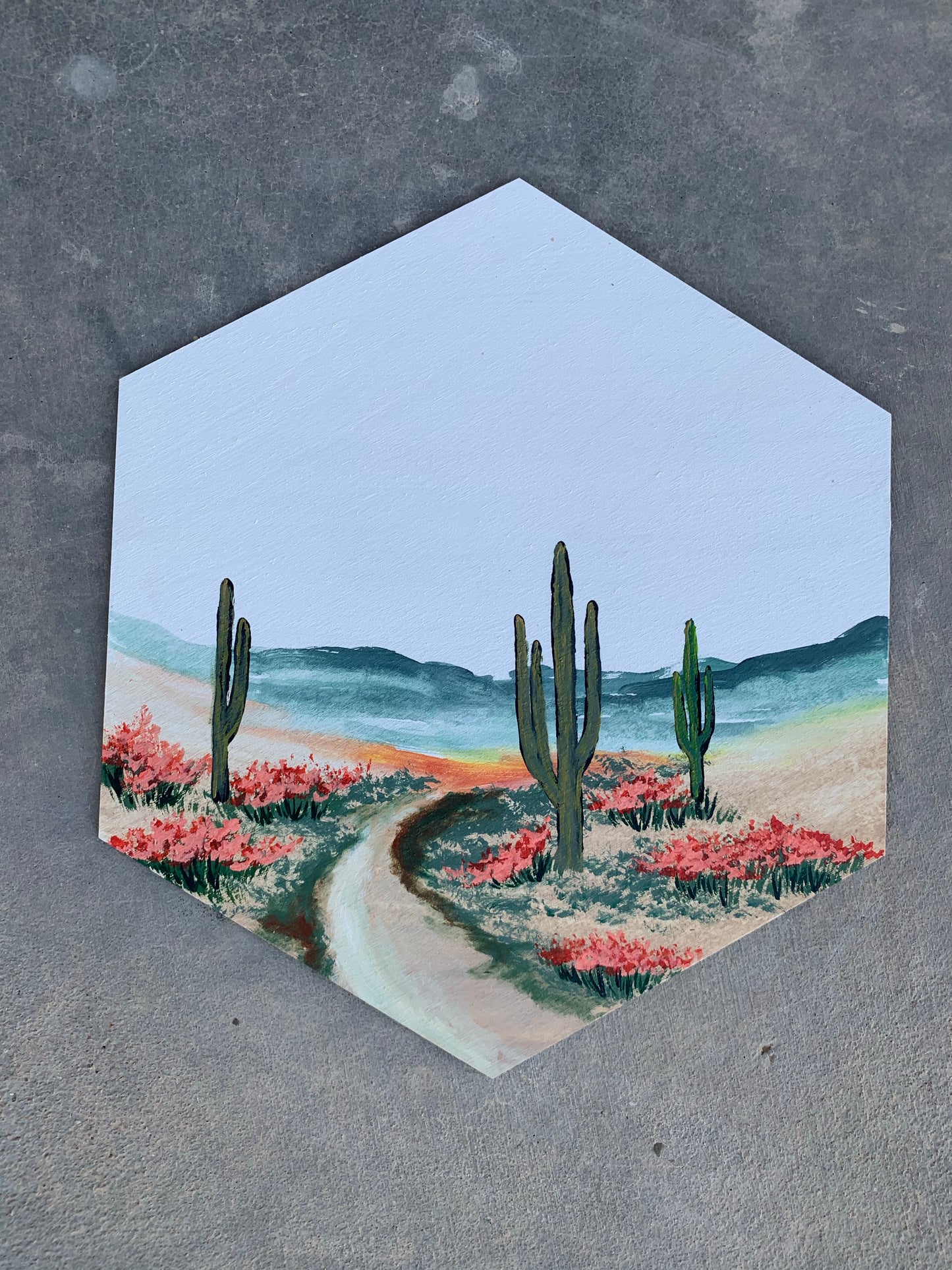 Desert hexagon saguaro cactus pastel wood cutout painting