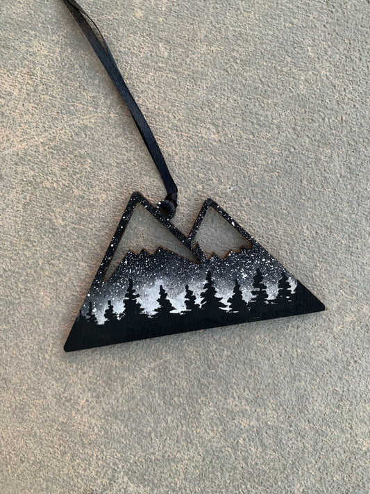 Mountain peaks black and white wood Christmas ornament
