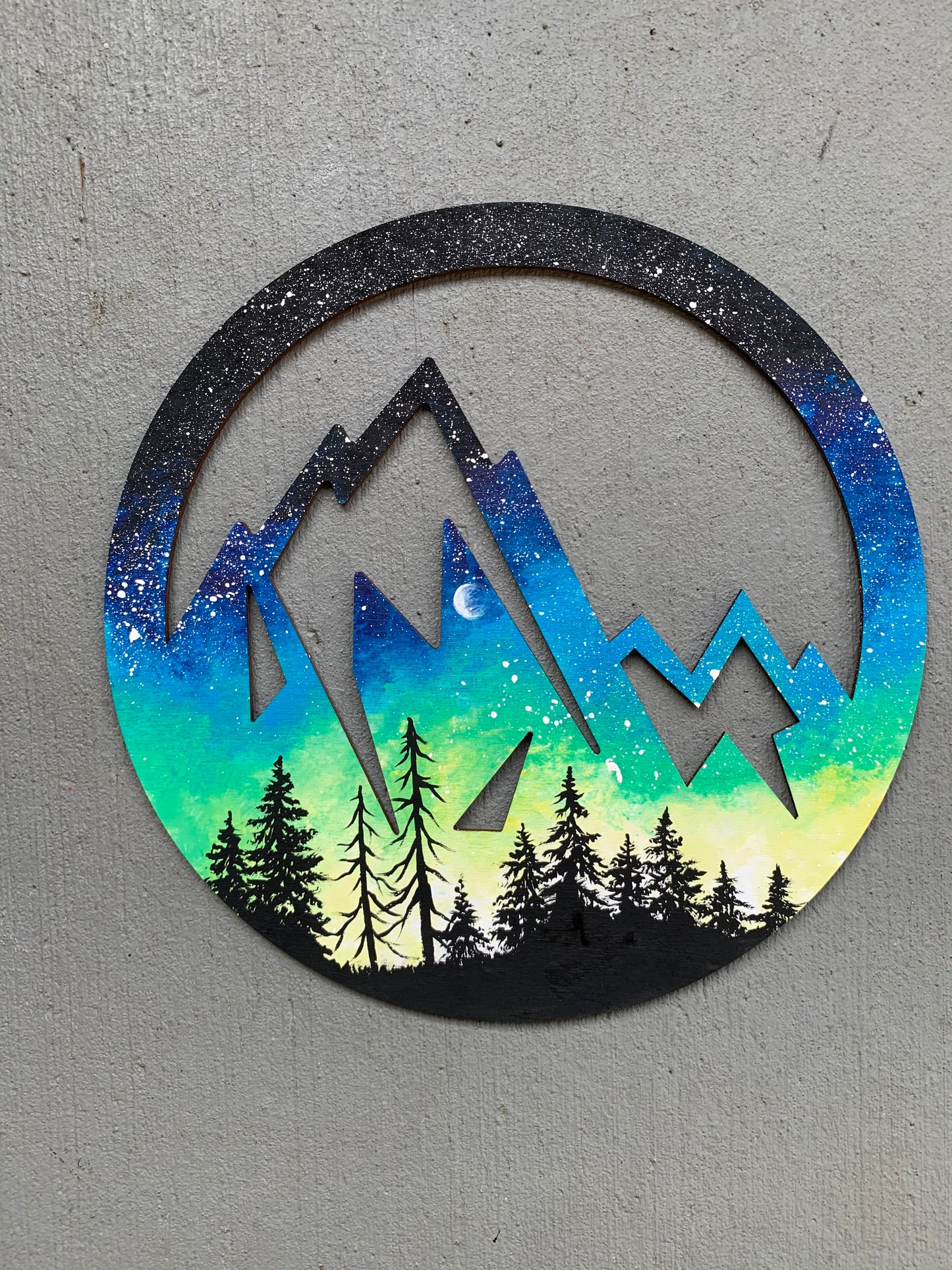 Round mountain blue green galaxy wood cutout painting