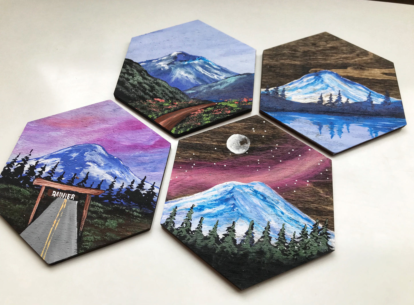 Hexagon mountain wood coasters