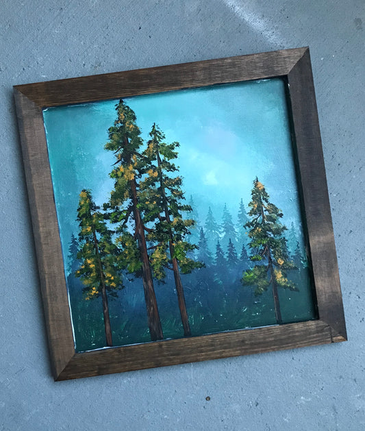 Foggy forest painting framed wood