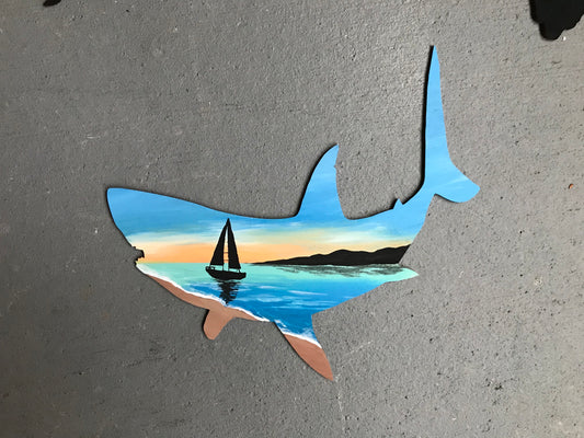Shark sailboat wood cutout painting