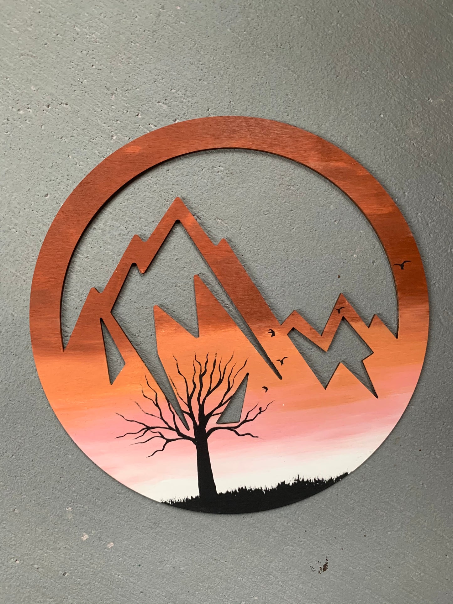 Round mountain pink wood cutout painting