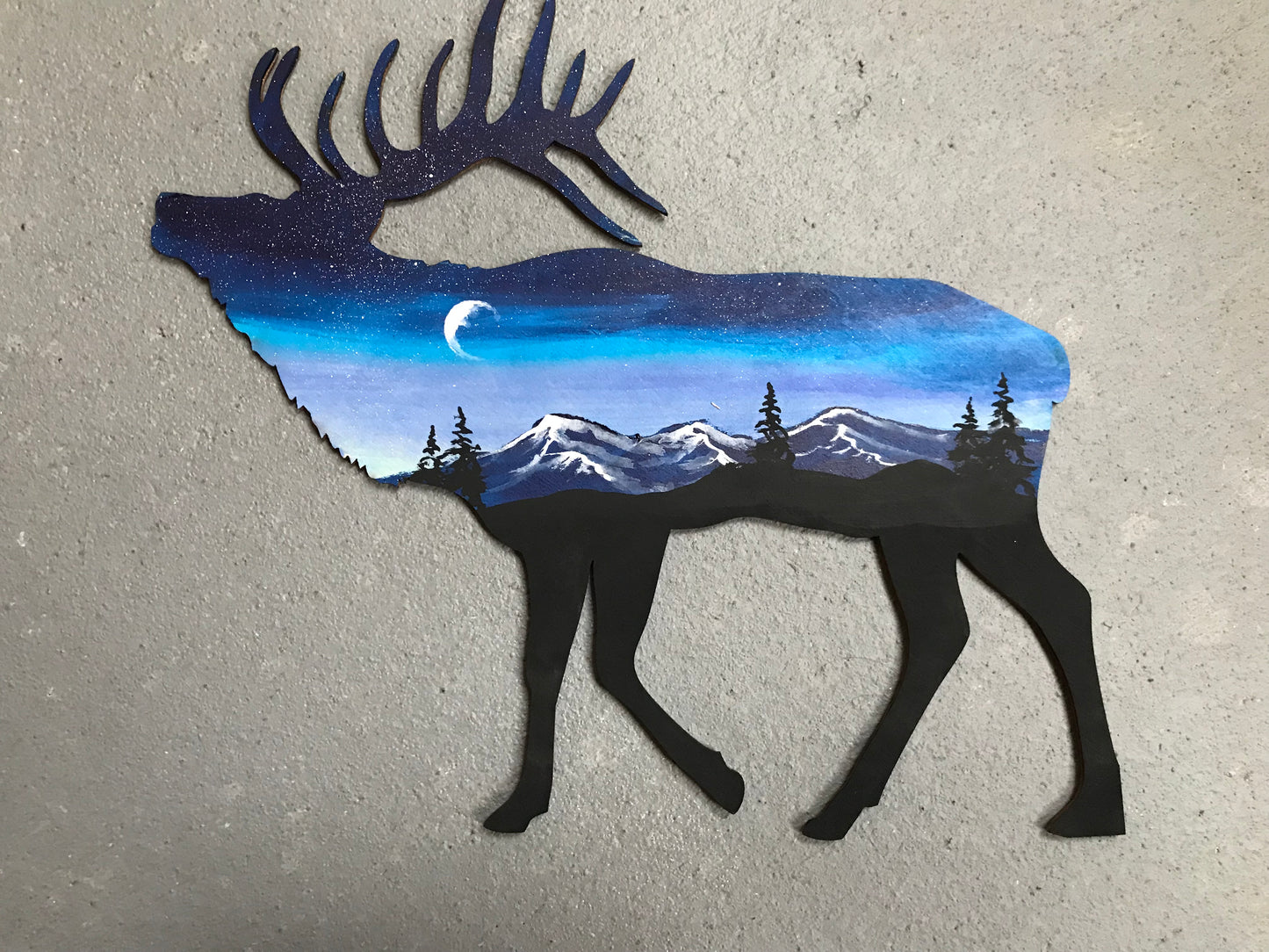 Elk blue mountain wood cutout painting