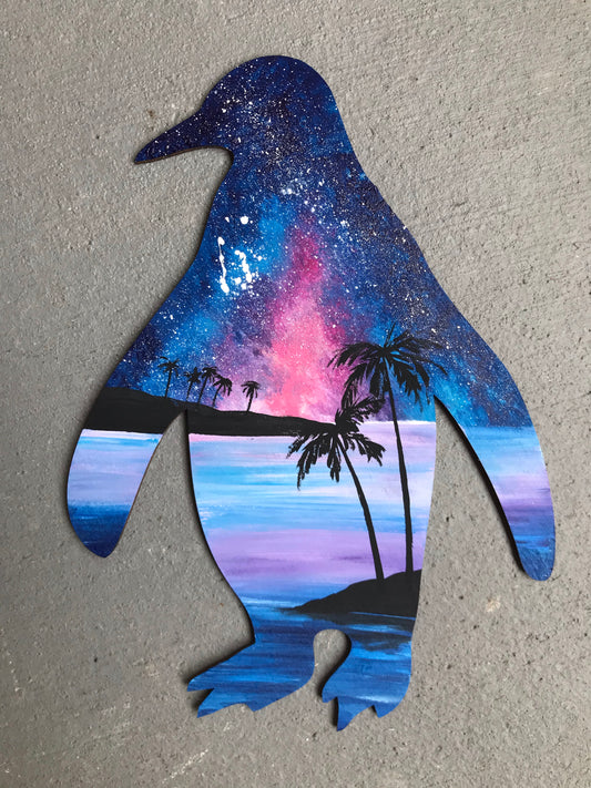 Penguin wood cutout painting