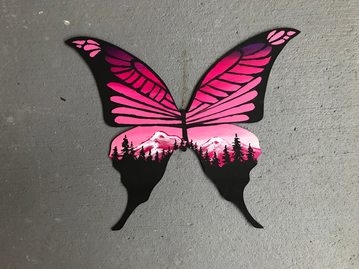 Pink monarch butterfly wood cutout painting