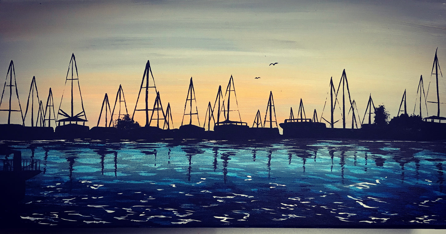 Marina sunset boat painting