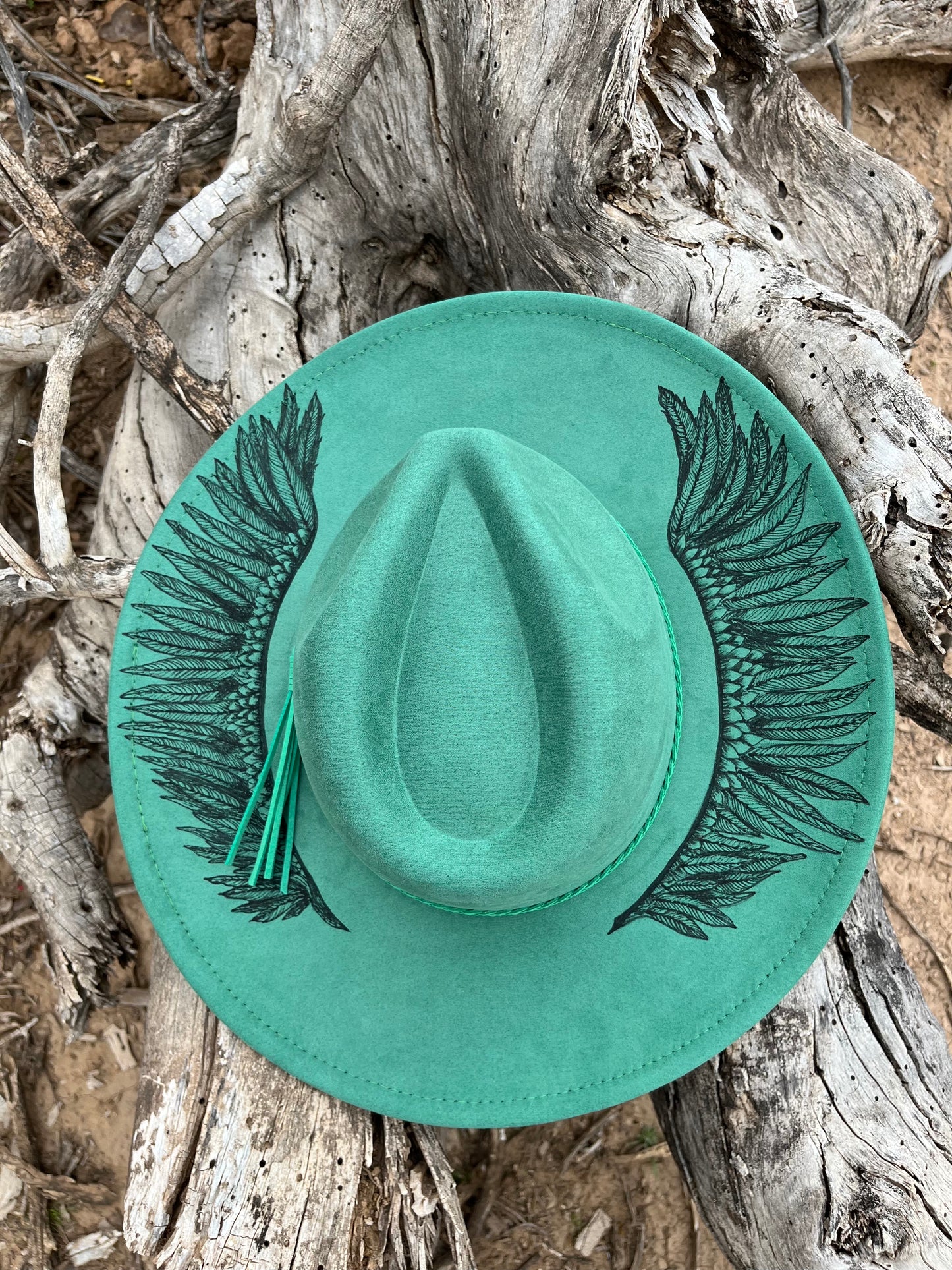 Jade green angel wings felt wide brim rancher hat