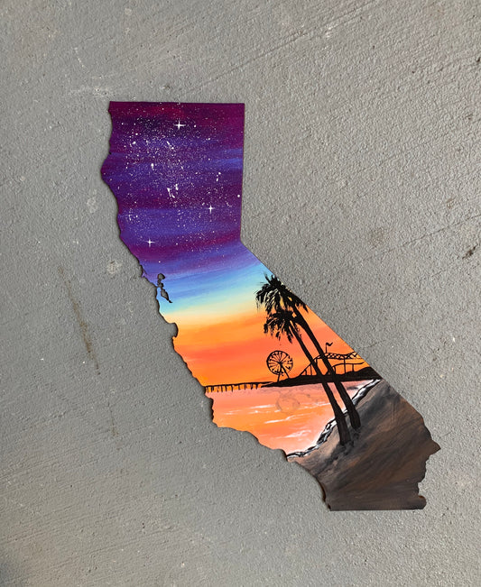 California Santa Monica pier wood cutout painting