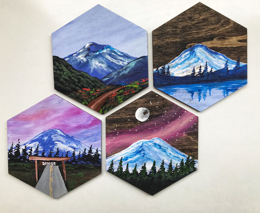 Hexagon mountain wood coasters