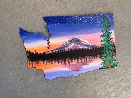 Washington rainier sunrise wood cutout painting