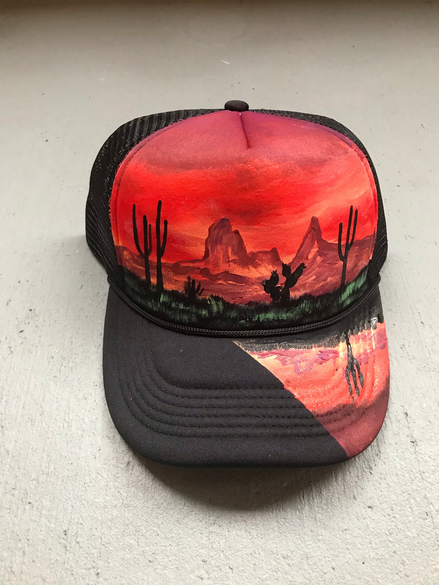 Red desert custom trucker hat handpainted SnapBack