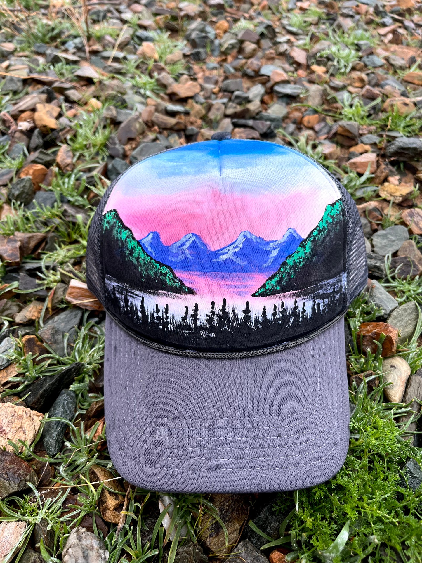 Lake Tahoe sunrise SnapBack hat handpainted trucker hat