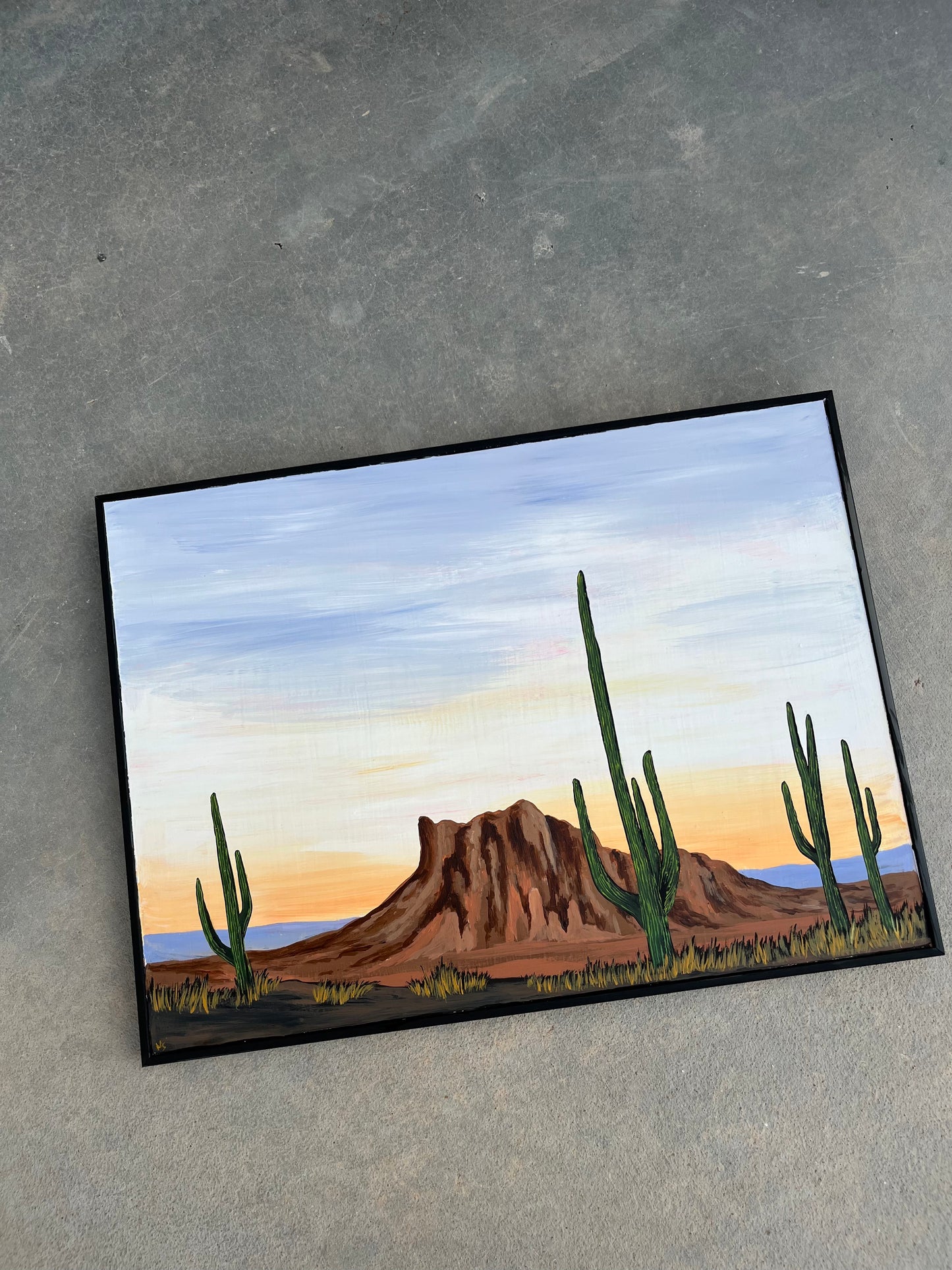 Minimal desert painting superstion mountains on framed wood