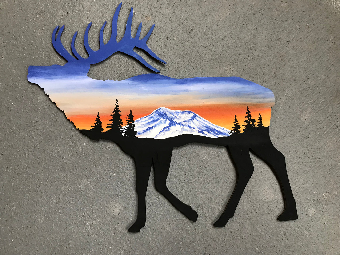 Elk mt St. Helens sunrise wood cutout painting