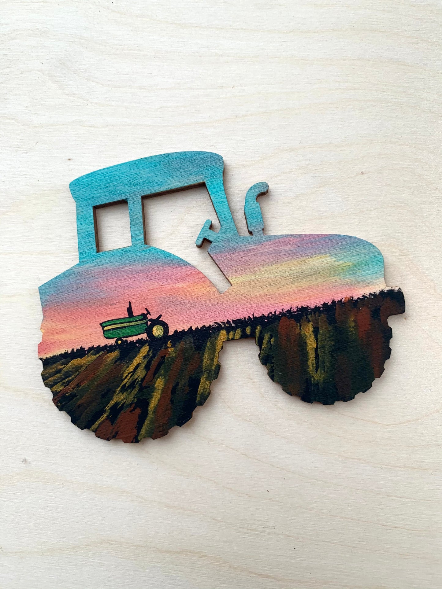 Tractor sunset wood ornament