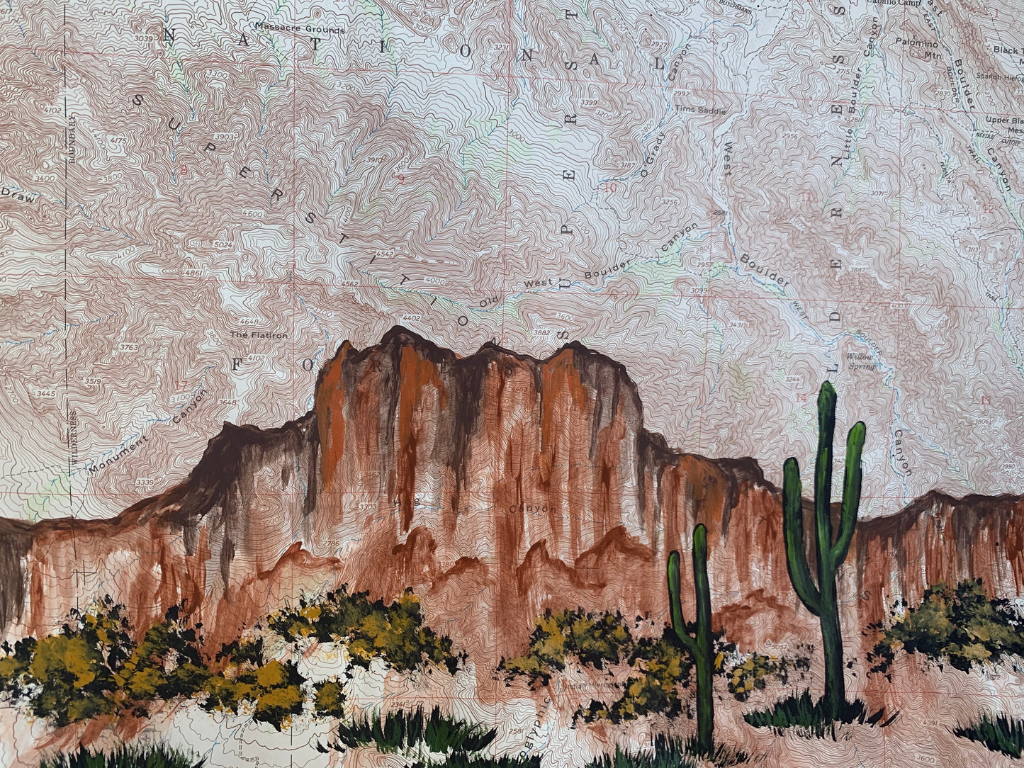 Arizona Superstition Mountains map painting