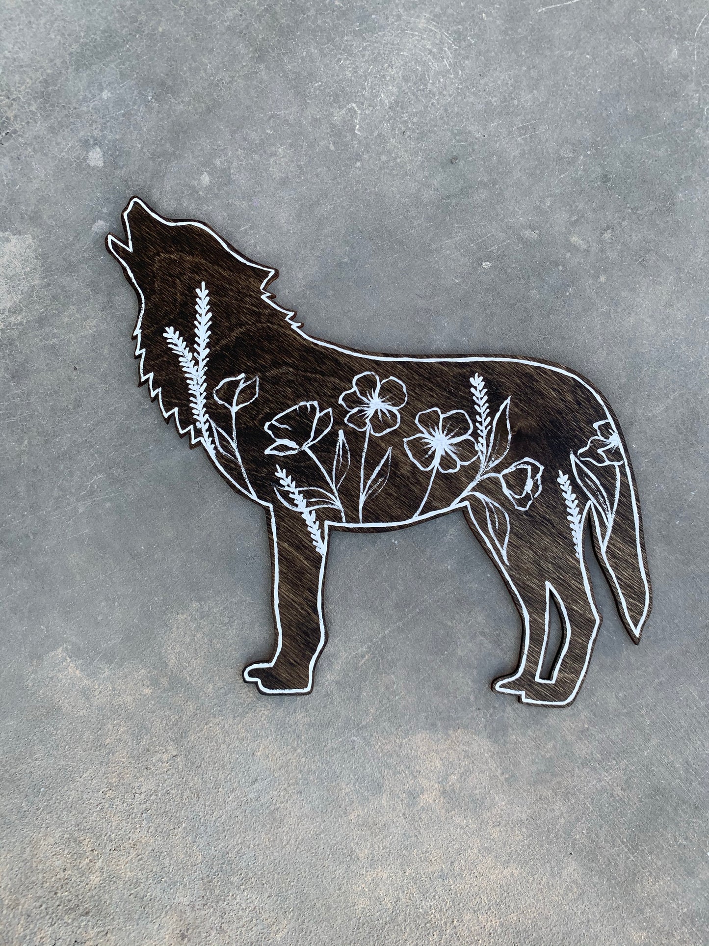Minimal floral wolf stained wood cutout wall hanging painting