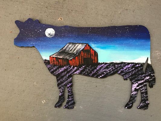 Cow lavender field wood cutout painting