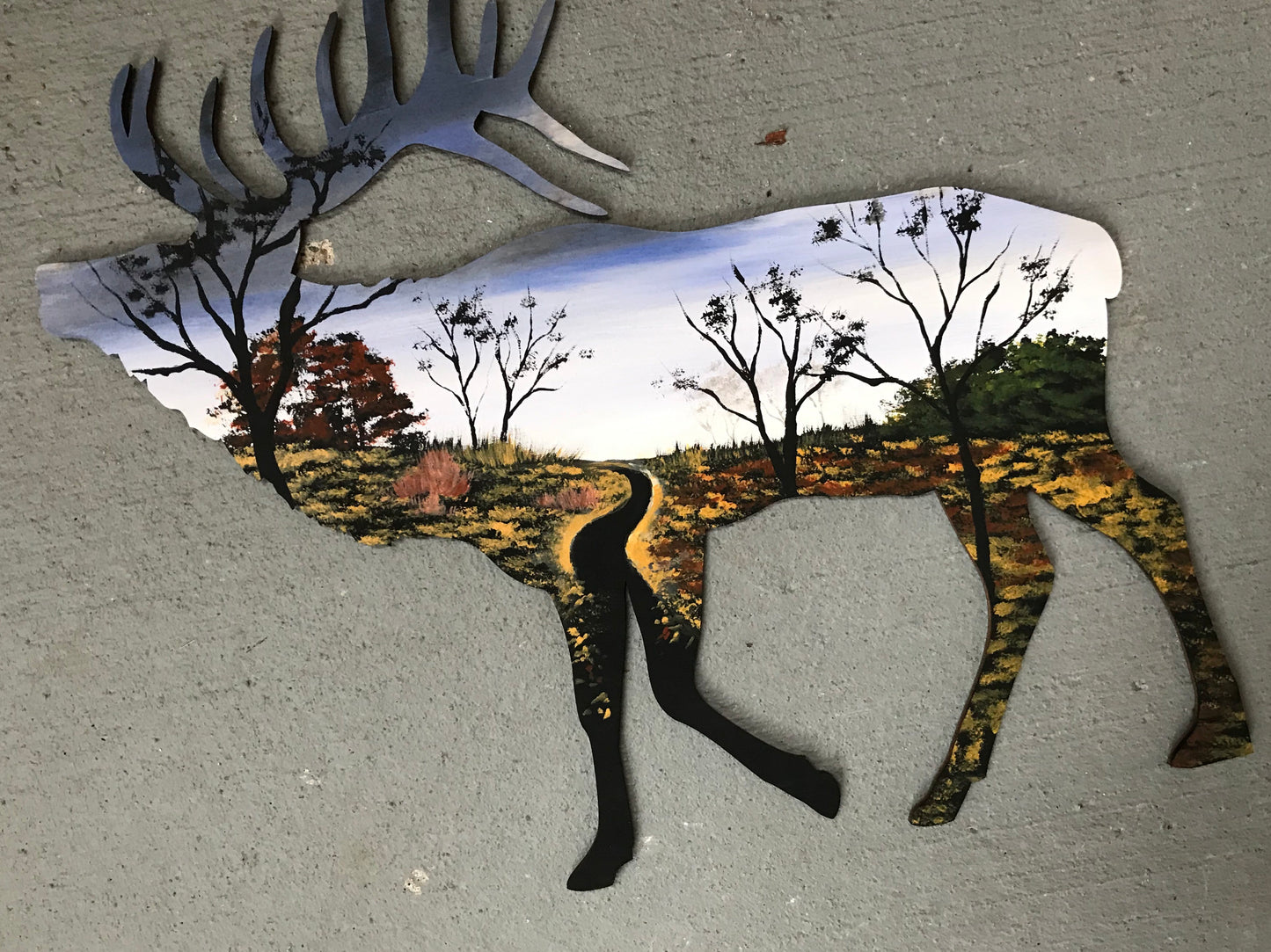 Elk grey skies wood cutout painting