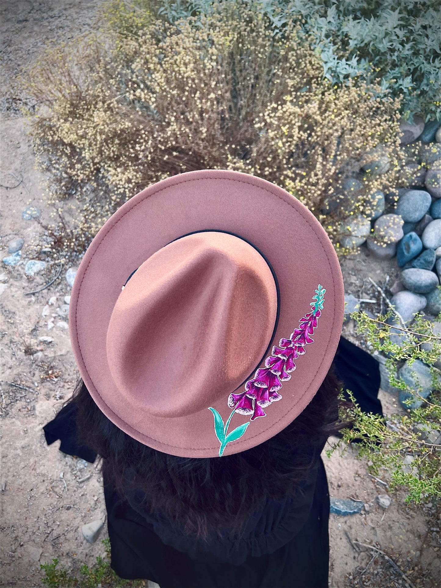 Foxglove floral tan felt wide brim rancher hat