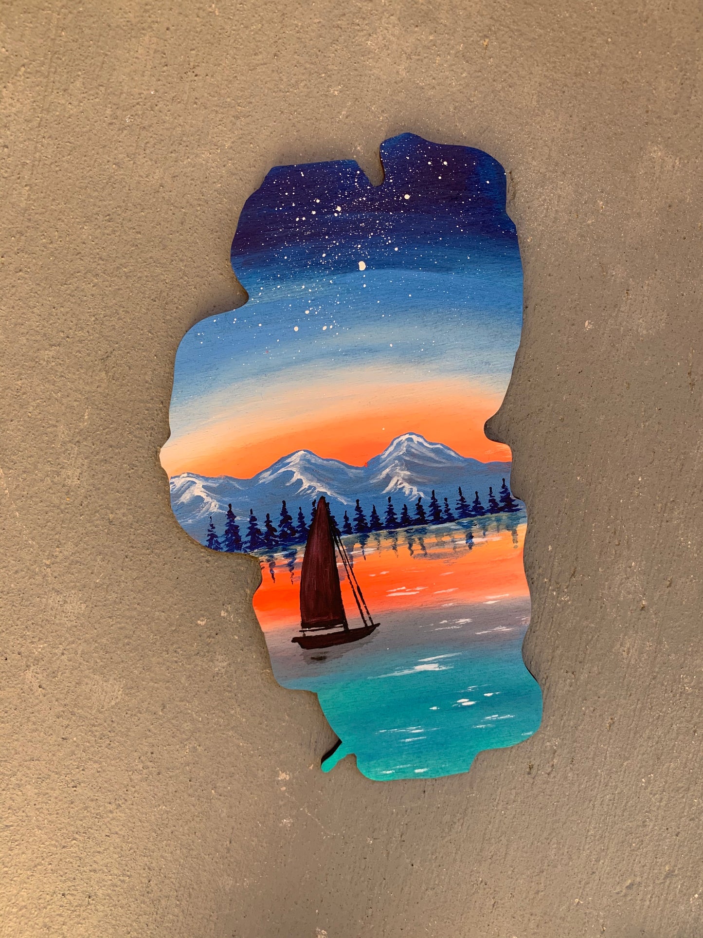 Lake Tahoe sailboat wood cutout painting