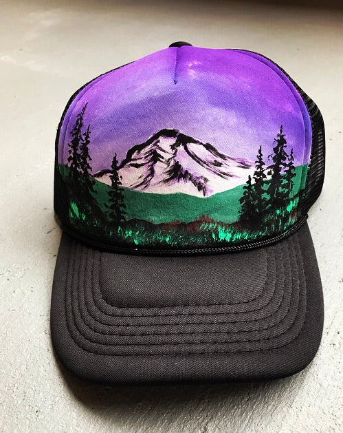 Mt Rainier hat purple SnapBack handpainted trucker hat