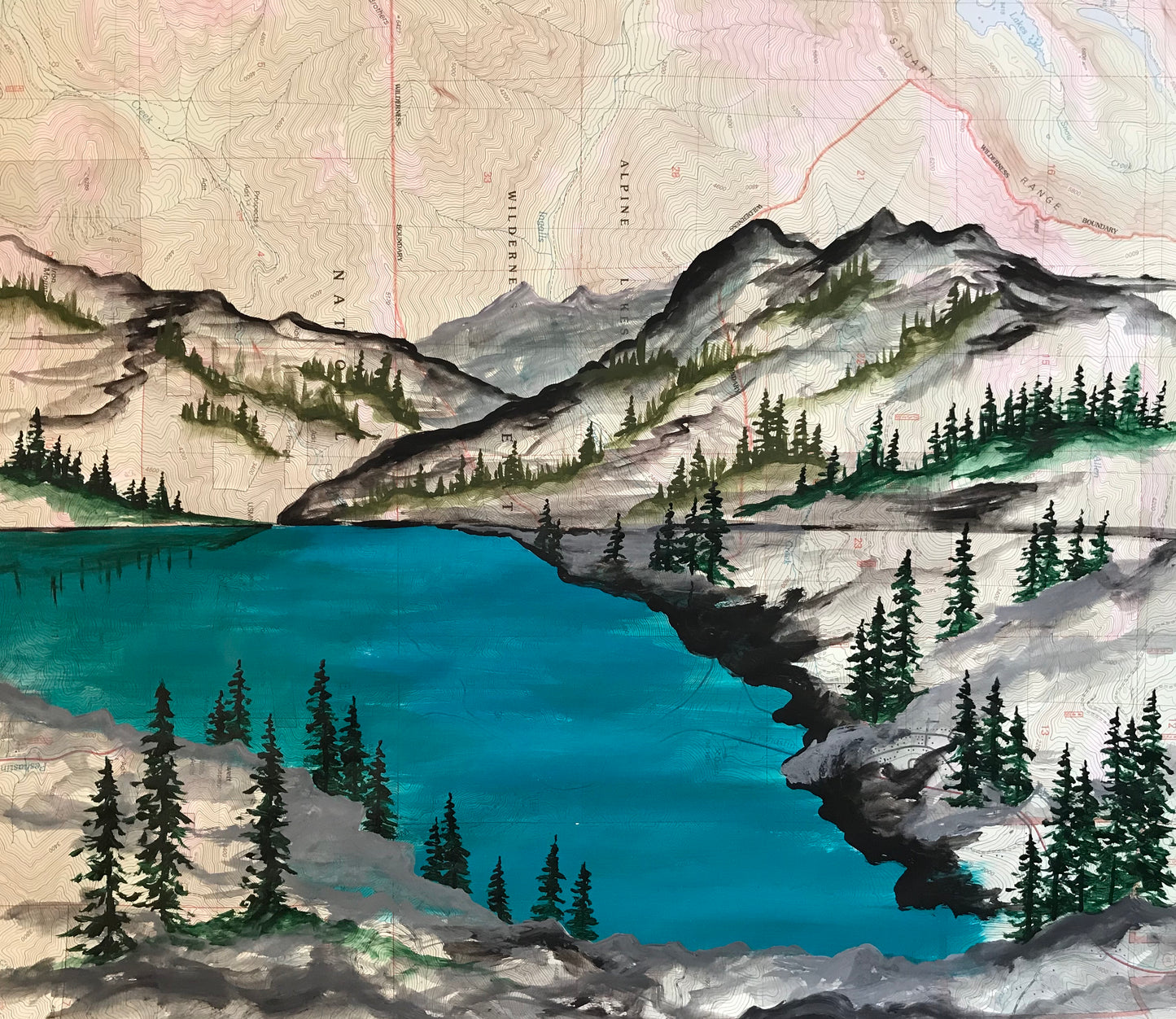 Alpine lakes topographic map painting