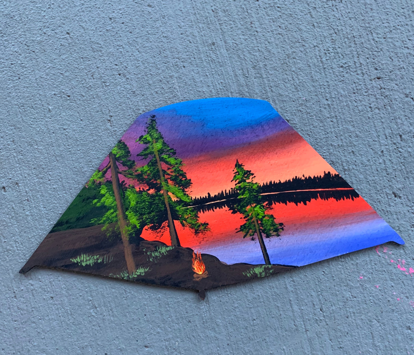 Tent sunset lake wood cutout painting