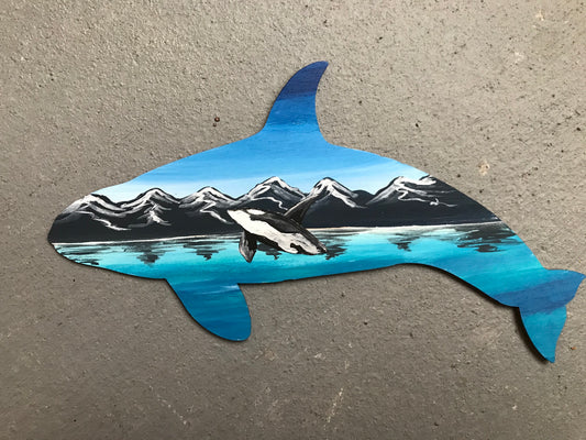 Orca mountains wood cutout painting