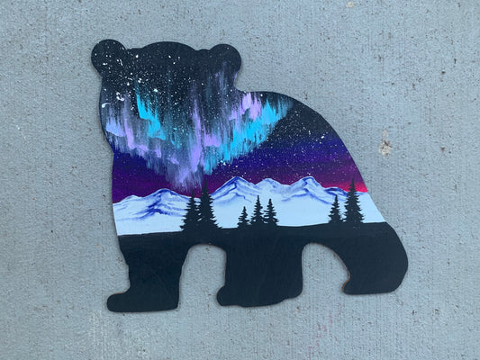 Bear cub northern lights wood cutout painting
