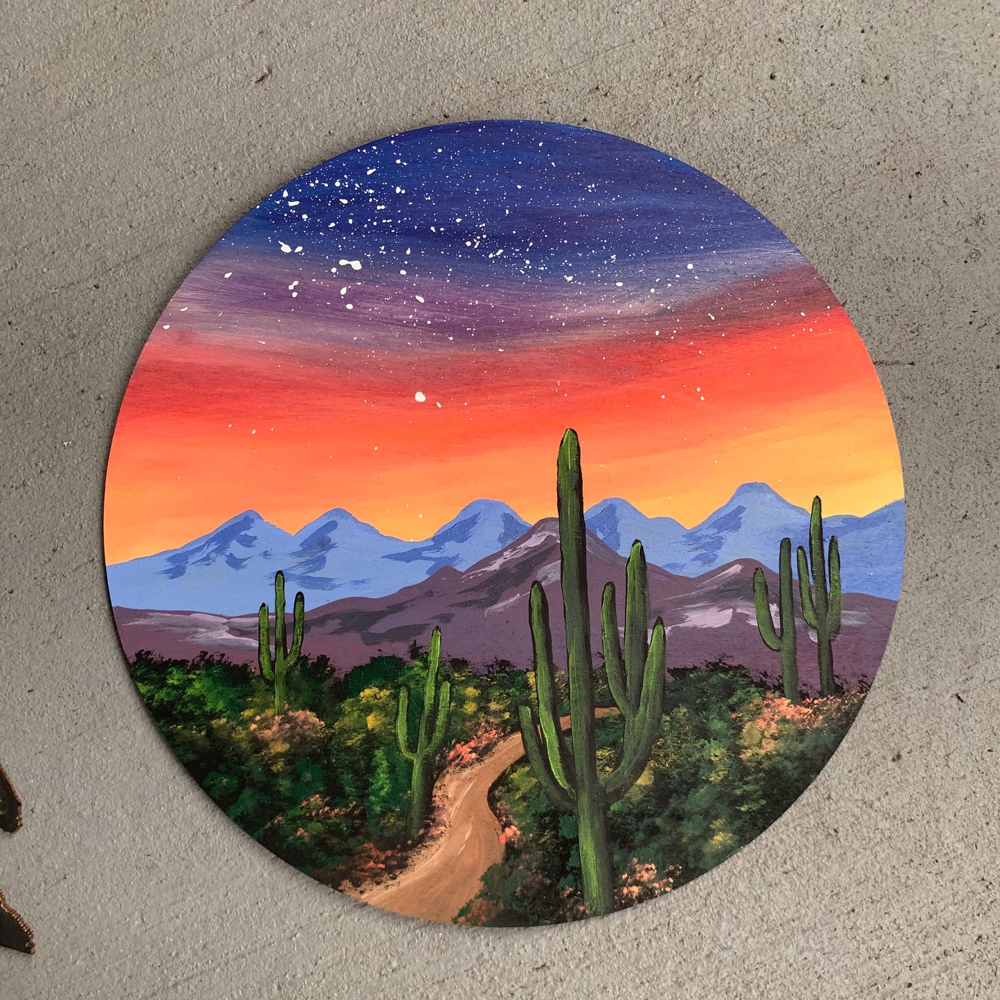 Desert sunset cactus wood cutout painting